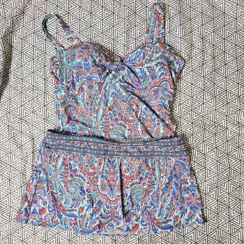 Alex Marie Womens Paisley Tankini Top and Swim Skirt Set Blue Orange M